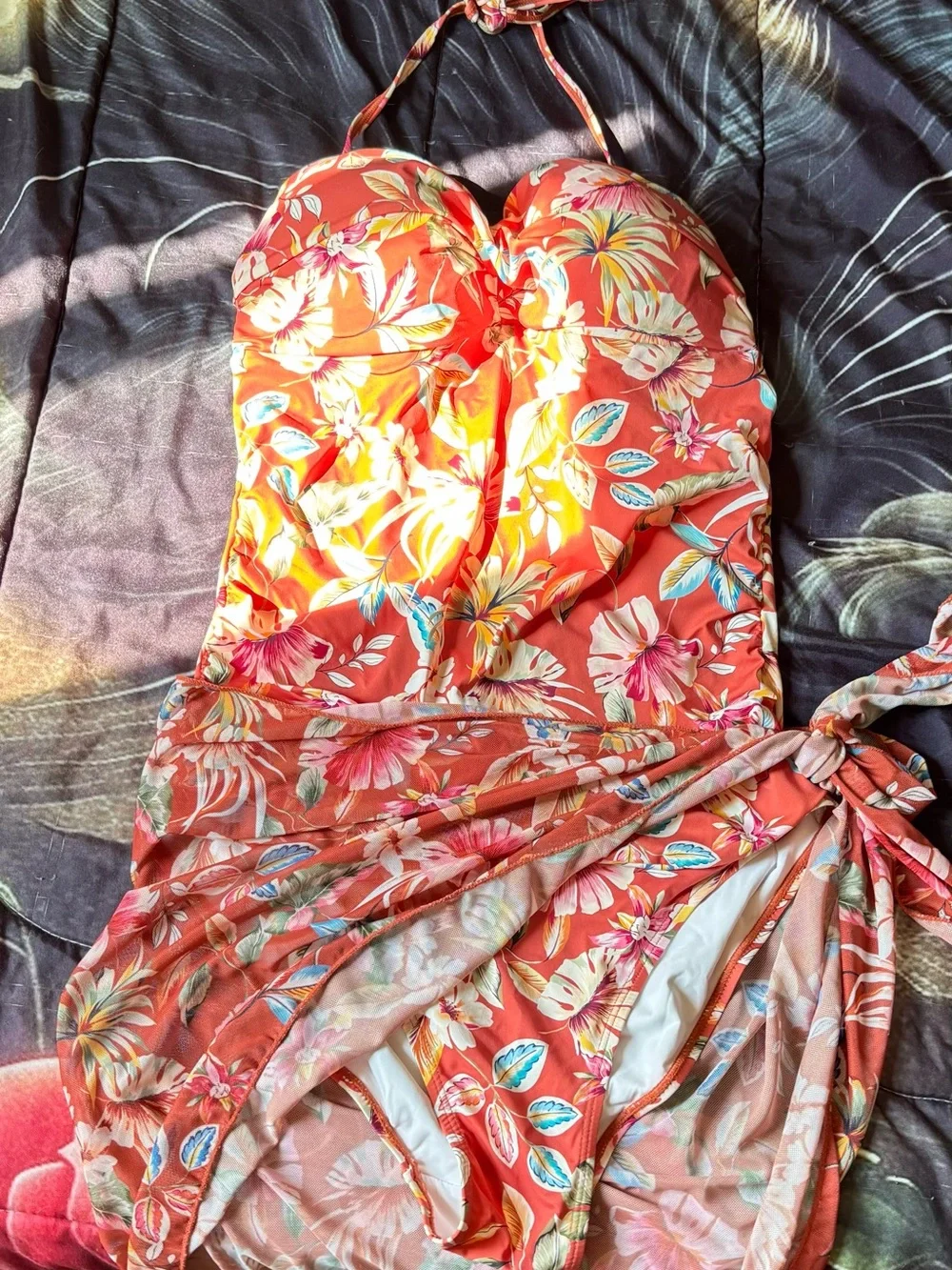 Catherine Malandrino Coral Floral One-Piece Swim Dress with Wrap Skirt